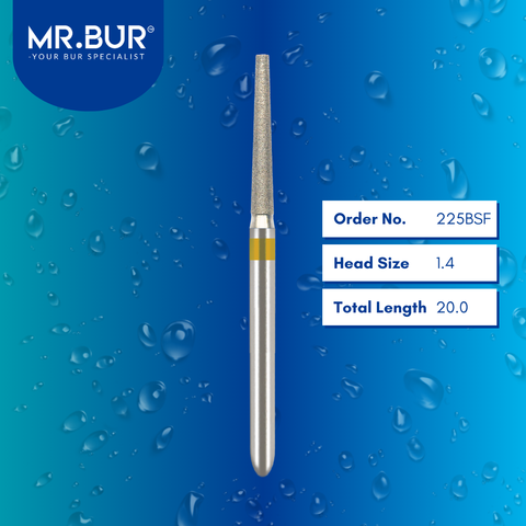 Mr. Bur 225BSF Super Fine Finishing Taper Flat End Diamond Bur FG are tools used in multiple dental procedures. Their taper flat end heads are ideal for effective prosthodontic work, crown preparation, and shoulder margin bur.