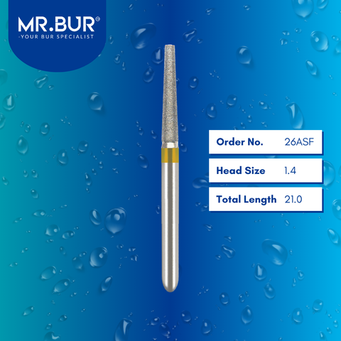 Mr. Bur 26ASF Super Fine Finishing Taper Flat End Diamond Bur FG are tools used in multiple dental procedures. Their taper flat end heads are ideal for effective prosthodontic work, crown preparation, and shoulder margin bur.