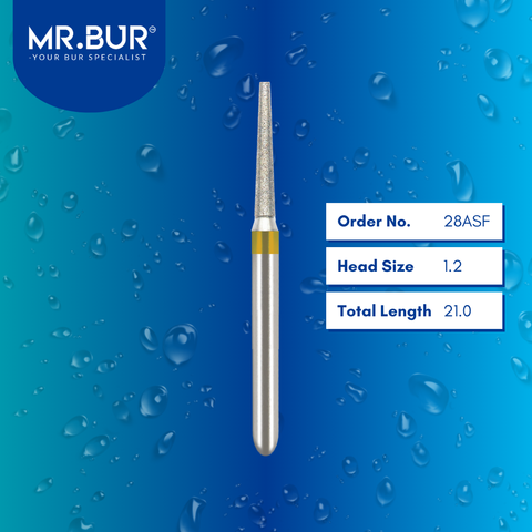 Mr. Bur 28ASF Super Fine Finishing Taper Flat End Diamond Bur FG are tools used in multiple dental procedures. Their taper flat end heads are ideal for effective prosthodontic work, crown preparation, and shoulder margin bur.