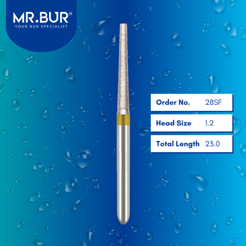 Mr. Bur 28SF Super Fine Finishing Taper Flat End Diamond Bur FG are tools used in multiple dental procedures. Their taper flat end heads are ideal for effective prosthodontic work, crown preparation, and shoulder margin bur.