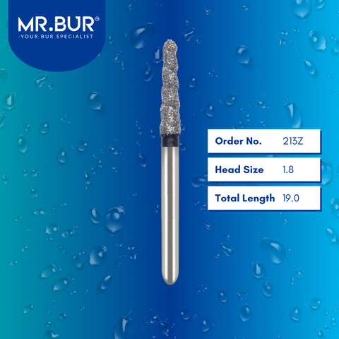 Mr. Bur 213Z Spiral Cool Cut Taper Round End Super Coarse Diamond Bur Short FG are tools used in multiple dental procedures, ideal for prophylaxis, crown cutting, cavity preparation, crown preparation, veneer preparation, use on fillings, chamfer margin bur, and are suitable for pediatric use.