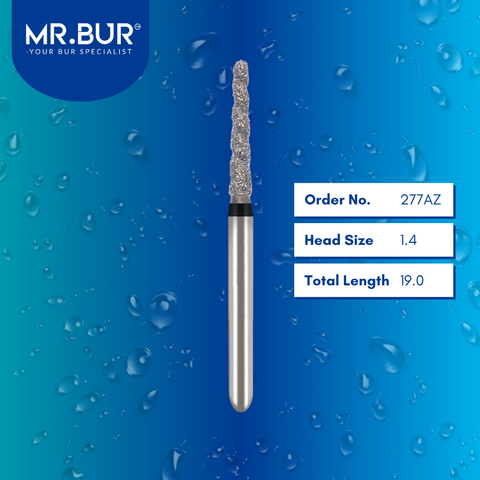 Mr. Bur 277AZ Spiral Cool Cut Taper Round End Super Coarse Diamond Bur Short FG are tools used in multiple dental procedures, ideal for prophylaxis, crown cutting, cavity preparation, crown preparation, veneer preparation, use on fillings, chamfer margin bur, and are suitable for pediatric use.