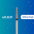 Mr. Bur's 30pcs Spiral Cool Cut Taper Round End Super Coarse Diamond Bur Short FG is perfect for prophylaxis, crown cutting and prep, cavity and veneer prep, fillings, chamfer margins, and pediatric cases.