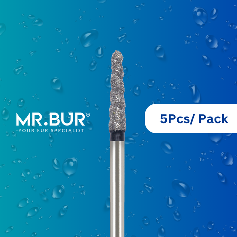 Mr. Bur's 5pcs Spiral Cool Cut Taper Round End Super Coarse Diamond Bur Short FG is perfect for prophylaxis, crown cutting and prep, cavity and veneer prep, fillings, chamfer margins, and pediatric cases.