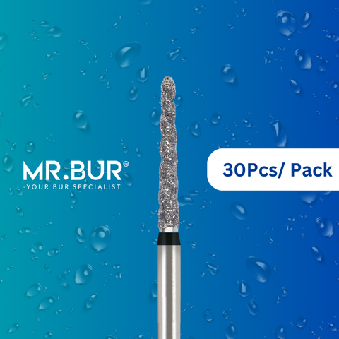 Mr. Bur's 30pcs Spiral Cool Cut Taper Round End Super Coarse Diamond Bur FG is ideal for prophylaxis, fillings, crown cutting and prep, cavity and veneer prep, and chamfer margins.