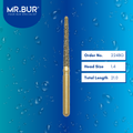 Mr. Bur 224BG Gold Taper Round End Diamond Bur Short FG are tools used in multiple dental procedures, ideal for all ceramic and metal crown material, anterior and posterior teeth, chamfer margin bur, cavity and crown preparation, cusp beveling, occlusal reduction, prophylaxis, pediatric use, trimming and preparation, use on fillings, and veneer preparation.