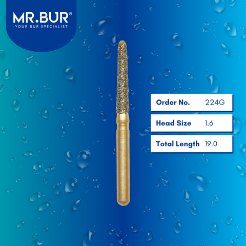 Mr. Bur 224G Gold Taper Round End Diamond Bur Short FG are tools used in multiple dental procedures, ideal for all ceramic and metal crown material, anterior and posterior teeth, chamfer margin bur, cavity and crown preparation, cusp beveling, occlusal reduction, prophylaxis, pediatric use, trimming and preparation, use on fillings, and veneer preparation.