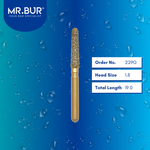 Mr. Bur 229G Gold Taper Round End Diamond Bur Short FG are tools used in multiple dental procedures, ideal for all ceramic and metal crown material, anterior and posterior teeth, chamfer margin bur, cavity and crown preparation, cusp beveling, occlusal reduction, prophylaxis, pediatric use, trimming and preparation, use on fillings, and veneer preparation.