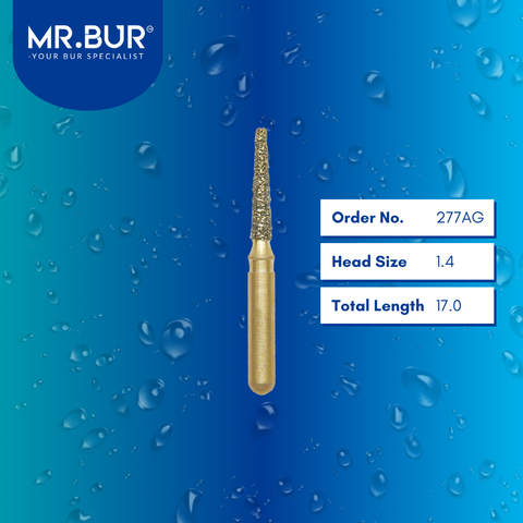 Mr. Bur 277AG Gold Taper Round End Diamond Bur Short FG are tools used in multiple dental procedures, ideal for all ceramic and metal crown material, anterior and posterior teeth, chamfer margin bur, cavity and crown preparation, cusp beveling, occlusal reduction, prophylaxis, pediatric use, trimming and preparation, use on fillings, and veneer preparation.