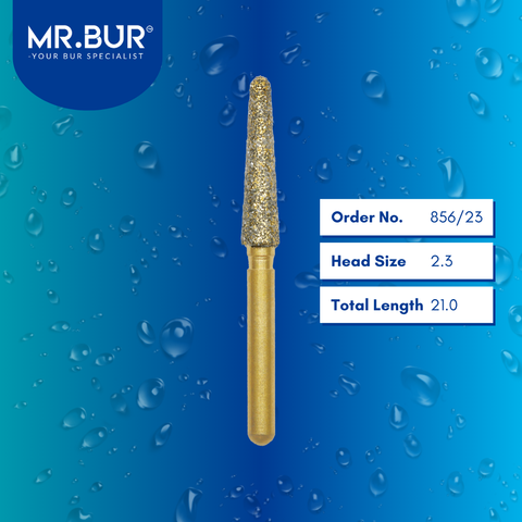 Mr. Bur 856/22 Gold Taper Round End Diamond Bur FG are tools used in multiple dental procedures, ideal for all ceramic and metal crown material, anterior and posterior teeth, chamfer margin bur, cavity and crown preparation, cusp beveling, occlusal reduction, prophylaxis, trimming and preparation, use on fillings, and veneer preparation.