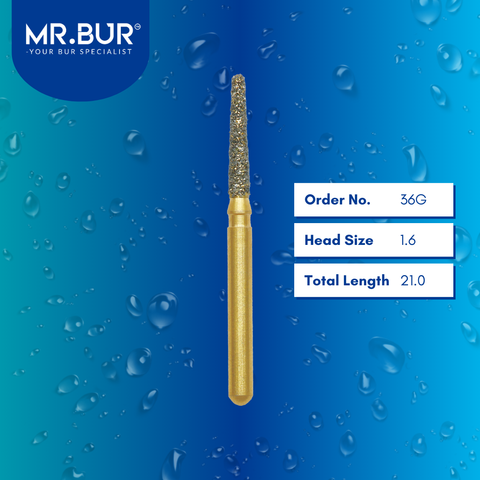 Mr. Bur 36G Gold Taper Round End Diamond Bur FG are tools used in multiple dental procedures, ideal for all ceramic and metal crown material, anterior and posterior teeth, chamfer margin bur, cavity and crown preparation, cusp beveling, occlusal reduction, prophylaxis, trimming and preparation, use on fillings, and veneer preparation.