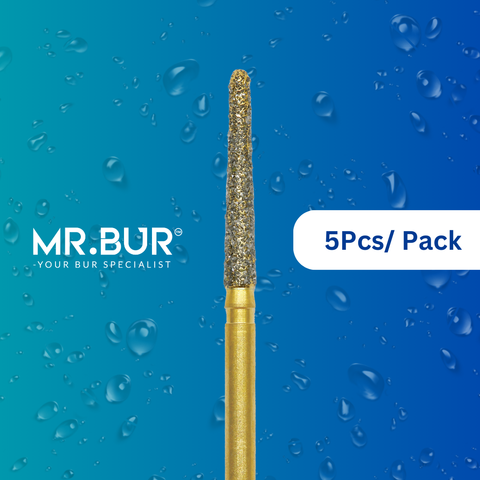 Optimize dental care with Mr. Bur 5 pcs Gold Taper Round End Diamond Bur FG for all ceramic crowns, anterior/posterior teeth, chamfer margin, cavity and crown prep, cusp beveling, occlusal reduction, prophylaxis, and veneer preparation.