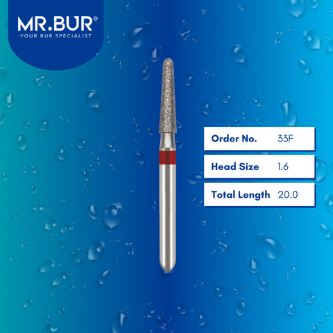 Mr. Bur 856 fine grit pre-polishing tapered round end diamond bur 33F are tools used in multiple dental procedures. ISO 806 314 194 514 016 FG, Their tapered round end heads are ideal for for effective crown and bridge preparation, chamfer margin preparation, and trimming and preparation for all composite materials.