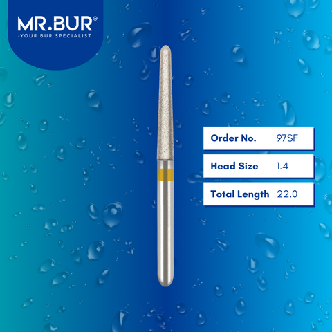 Mr. Bur 97SF Super Fine Finishing Taper Round End Diamond Bur FG are tools used in multiple dental procedures. Their taper round end heads are ideal for effective prophylaxis, use on fillings, crown preparation, cavity preparation, and chamfer margin bur.