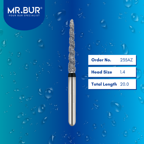 Mr. Bur 235AZ Spiral Cool Cut Ogival End Taper Super Coarse Diamond Bur Short FG are tools used in multiple dental procedures, ideal for prosthodontics, mini shank, crown cutting, crown preparation, and crown & bridges.