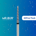 Mr. Bur's 30 pcs Spiral Cool Cut Ogival End Taper Super Coarse Diamond Bur Short FG is perfect for prosthodontics, mini shank, crown cutting and prep, and crowns & bridges.