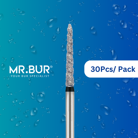 Mr. Bur's 30 pcs Spiral Cool Cut Ogival End Taper Super Coarse Diamond Bur FG is ideal for prosthodontics, crown cutting and prep, and crowns & bridges.