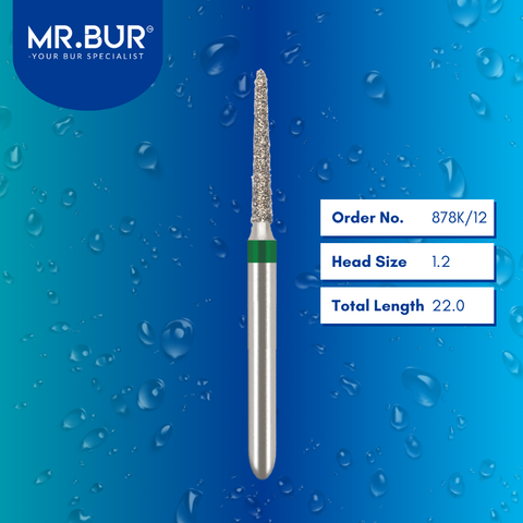 Mr. Bur 878 taper torpedo diamond bur 878K/12 are tools used in multiple dental procedures. ISO 806 314 298 534 012 FG, Their taper torpedo heads are ideal for cavity preparation, trimming and lingual buccal reduction