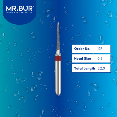 Mr. Bur 19F Fine Grit Pre-Polishing Torpedo Diamond Bur FG are tools used in multiple dental procedures. Their torpedo-shaped heads are ideal for effective prosthodontics, crown preparation, cavity preparation, and polishing/finishing/high shine.