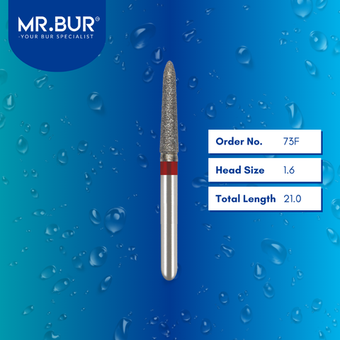 Mr. Bur 73F Fine Grit Pre-Polishing Torpedo Diamond Bur FG are tools used in multiple dental procedures. Their torpedo-shaped heads are ideal for effective prosthodontics, crown preparation, cavity preparation, and polishing/finishing/high shine.