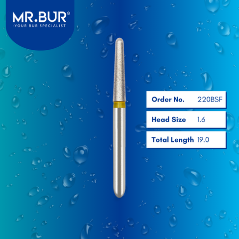 Mr. Bur 220BSF Super Fine Finishing Torpedo Diamond Bur FG are tools used in multiple dental procedures. Their torpedo-shaped heads are ideal for effective crown preparation, cavity preparation, and crown & bridges.