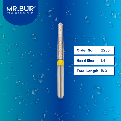 Mr. Bur 220SF Super Fine Finishing Torpedo Diamond Bur FG are tools used in multiple dental procedures. Their torpedo-shaped heads are ideal for effective crown preparation, cavity preparation, and crown & bridges.