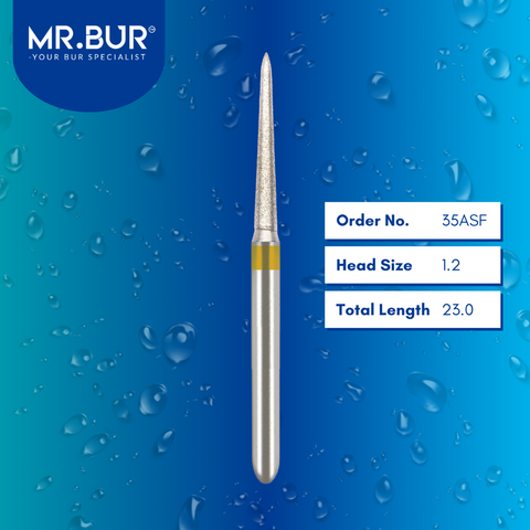 Mr. Bur 35ASF Super Fine Finishing Torpedo Diamond Bur FG are tools used in multiple dental procedures. Their torpedo-shaped heads are ideal for effective crown preparation, cavity preparation, and crown & bridges.