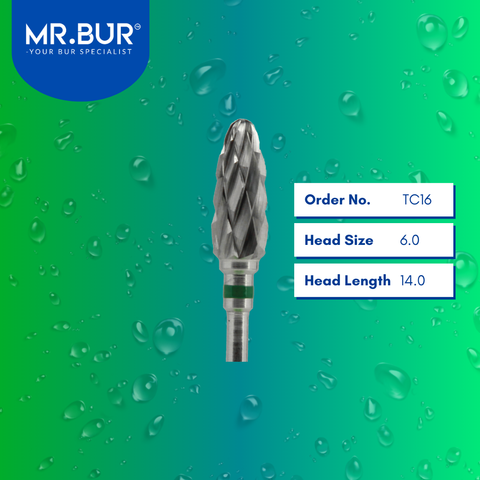 Mr. Bur Tungsten Carbide Coarse Cross Cut Laboratory Bur TC16, 6.0mm, ensures efficient material reduction, precise trimming, and durable shaping for dental prosthetics.