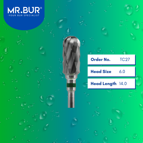 Mr. Bur Tungsten Carbide Coarse Cross Cut Laboratory Bur TC27, 6.0mm, ensures efficient material reduction, precise trimming, and durable shaping for dental prosthetics.