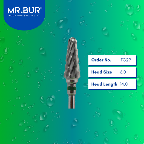 Mr. Bur Tungsten Carbide Coarse Cross Cut Laboratory Bur TC29, 6.0mm, ensures efficient material reduction, precise trimming, and durable shaping for dental prosthetics.