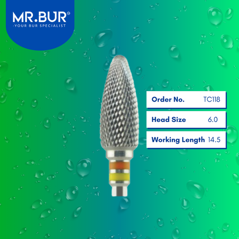 Mr. Bur TC118 Fine Cross Cut Tungsten Carbide Bur for Acrylic Resin is ideal for acrylic dentures, denture technique, prosthodontics, and restorative procedures.