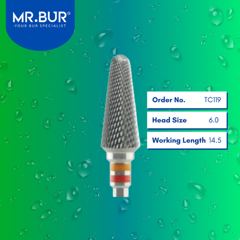 Mr. Bur TC119 Fine Cross Cut Tungsten Carbide Bur for Acrylic Resin is ideal for acrylic dentures, denture technique, prosthodontics, and restorative procedures.