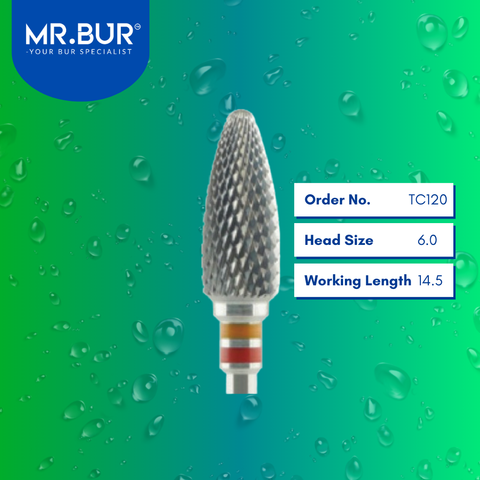 Mr. Bur TC120 Fine Cross Cut Tungsten Carbide Bur for Acrylic Resin is ideal for acrylic dentures, denture technique, prosthodontics, and restorative procedures.