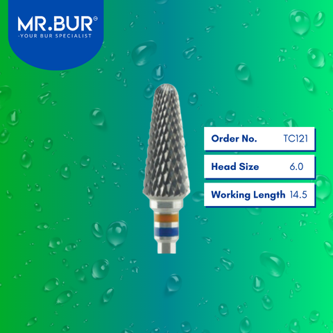 Mr. Bur Cross Cut Standard Tungsten Carbide Bur For Acrylic Resin TC121, 6.0mm, ensures precise trimming, efficient shaping, and smooth finishing for acrylic resin dental prosthetics.