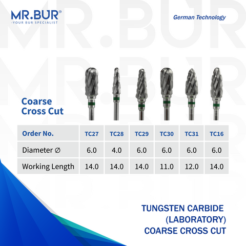 Mr. Bur Tungsten Carbide Coarse Cross Cut Laboratory Bur, available in 6 variants, ensures aggressive material removal, precise shaping, and efficient cutting for dental laboratory applications.