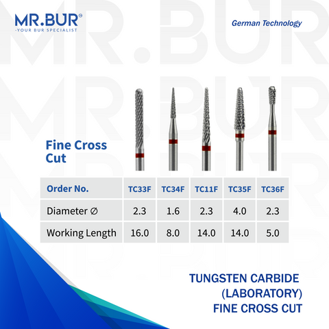 The image shows 5 variants of Mr. Bur Tungsten Carbide Fine Cross Cut Laboratory Bur, demonstrating precise shaping, detailed finishing, and smooth cutting performance for dental laboratory applications.