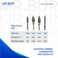 The image shows four variants of Mr. Bur Tungsten Carbide Fine Cross Cut Laboratory Bur, demonstrating precise shaping, detailed finishing, and smooth cutting performance for dental laboratory applications.