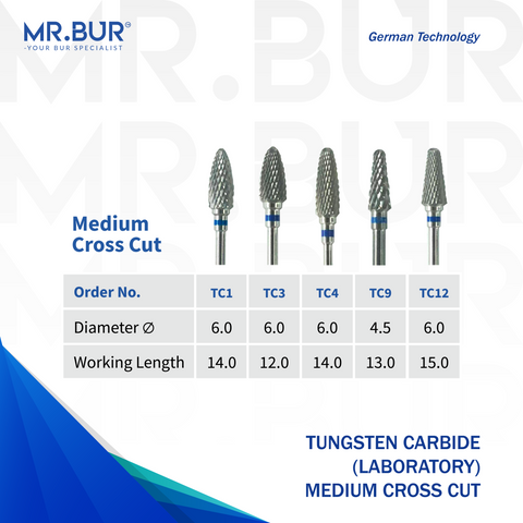 Mr. Bur Tungsten Carbide Medium Cross Cut Laboratory Bur, available in 5 variants, ensures efficient cutting, precise shaping, and smooth material removal for dental laboratory applications.