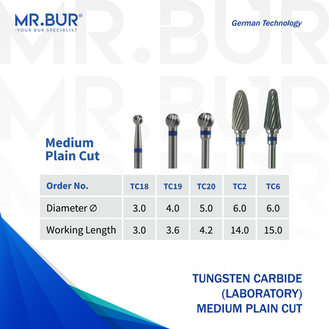 Mr. Bur Tungsten Carbide Medium Plain Cut Laboratory Bur, available in 5 variants, ensures efficient material removal, precise shaping, and smooth cutting performance for dental laboratory applications.