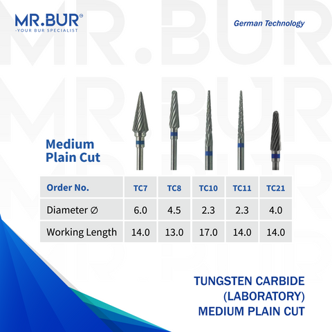 Mr. Bur Tungsten Carbide Medium Plain Cut Laboratory Bur, available in 5 variants, ensures efficient material removal, precise shaping, and smooth cutting performance for dental laboratory applications.