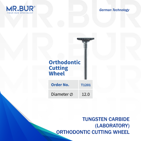 Mr. Bur Tungsten Carbide Orthodontic Cutting Wheel Bur T1201, featuring a 12.0mm head size, ensures precise cutting, efficient trimming, and durability for orthodontic procedures.