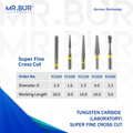 This image shows 5 TC Super Fine Cross Cut dental burs sold by Mr Bur the best international dental bur supplier.