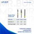 This image shows 3 TC Super Fine Cross Cut dental bur models sold by Mr Bur the best international dental bur supplier.