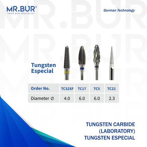 Mr. Bur Tungsten Carbide Especial Bur, designed for high cutting efficiency with HP straight handpiece at low speed, ensuring precise laboratory polishing and smooth performance.