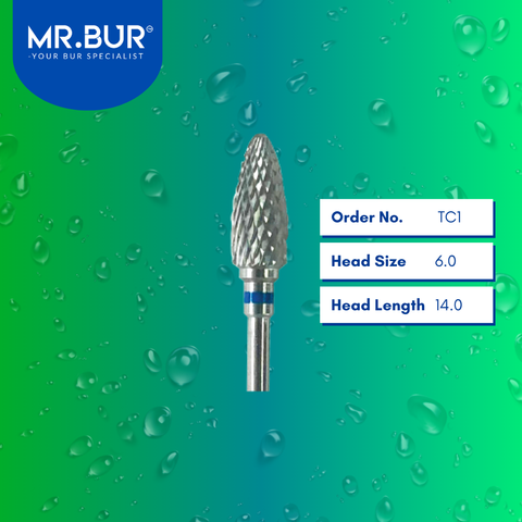 Mr. Bur Tungsten Carbide Medium Cross Cut Laboratory Bur TC1, 6.0mm, ensures efficient material shaping, precise trimming, and smooth contouring for dental prosthetics.