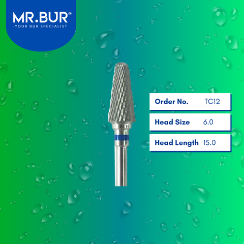 Mr. Bur Tungsten Carbide Medium Cross Cut Laboratory Bur TC12, 6.0mm, ensures efficient material shaping, precise trimming, and smooth contouring for dental prosthetics.