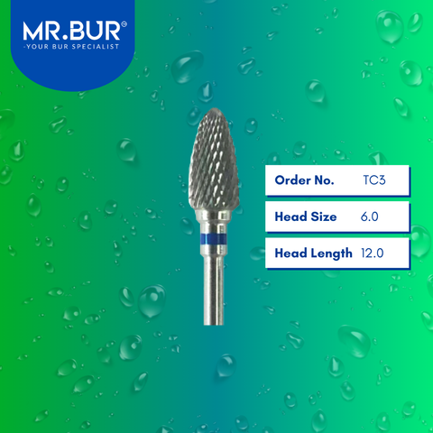 Mr. Bur Tungsten Carbide Medium Cross Cut Laboratory Bur TC3, 6.0mm, ensures efficient material shaping, precise trimming, and smooth contouring for dental prosthetics.