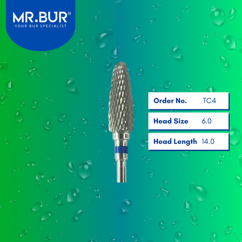 Mr. Bur Tungsten Carbide Medium Cross Cut Laboratory Bur TC4, 6.0mm, ensures efficient material shaping, precise trimming, and smooth contouring for dental prosthetics.