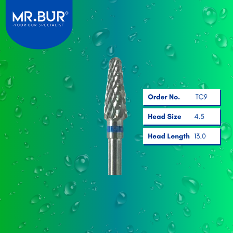 Mr. Bur Tungsten Carbide Medium Cross Cut Laboratory Bur TC9, 4.5mm, ensures efficient material shaping, precise trimming, and smooth contouring for dental prosthetics.