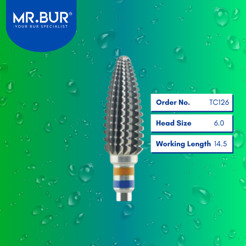 Mr. Bur TC126 Cross Cut Standard Tungsten Carbide Bur for Acrylic Resin is ideal for restorative work, prosthodontics, denture technique, and acrylic denture applications.